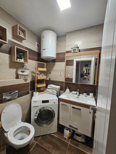 a bathroom with a washing machine and a sink at Apartman ANIR in Novi Sad