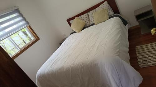 プエルト・アイセンにあるCabaña Moderna en el bosqueの白いシーツと窓のあるベッドのある寝室