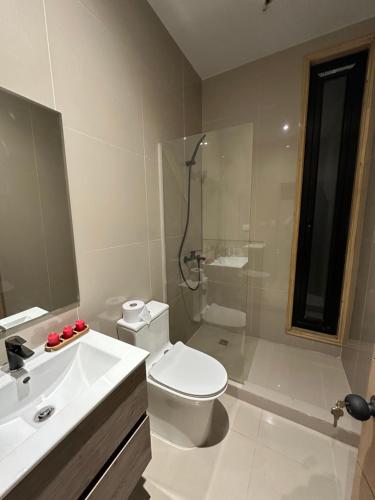 a bathroom with a toilet and a sink and a shower at Apartamento nuevo en Cochrane in Cochrane