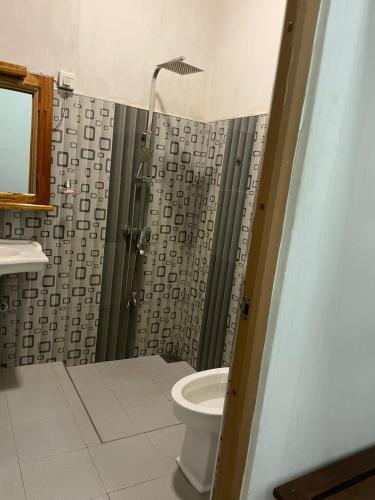 a bathroom with a shower with a toilet and a sink at The Ceylan Crest Hotel Ella in Ella