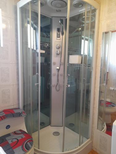 a shower with glass doors in a room at cabaña milita in Chile Chico