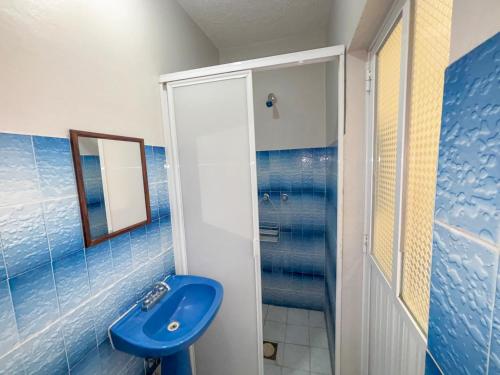 a bathroom with a blue sink and a shower at Casa Dolores in Dolores Hidalgo