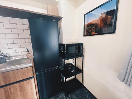 东京Plan A Tennozu Isle的一间小厨房,内配黑色冰箱和水槽