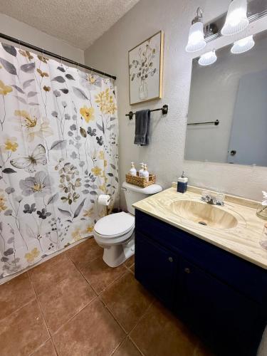 a bathroom with a sink and a toilet with a shower curtain at Charming Midwest 3 Bedrooms 2 Bathrooms in Altus