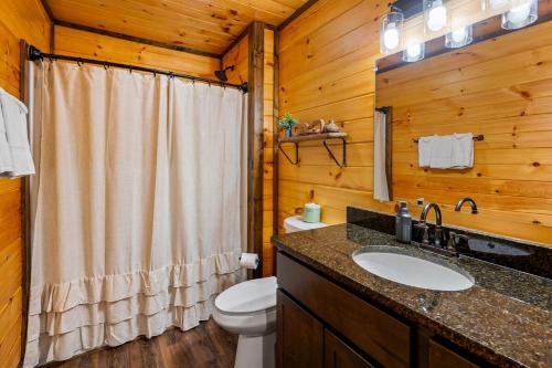 a bathroom with a toilet and a sink in a cabin at Views, Arcade Game, Fire-pit, Hot Tub, Private! in Sevierville