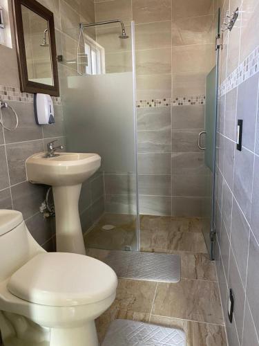 a bathroom with a toilet and a sink and a shower at Casa Mía Morelos in Chiconcuac