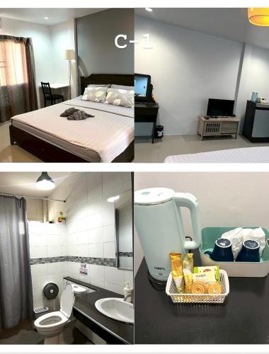 two pictures of a room with a bed and a bathroom at White Monkey Guesthouse in Phetchaburi