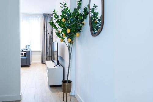 a living room with a plant in a vase at Fully Equipped Apartment, lovely bed in Eindhoven
