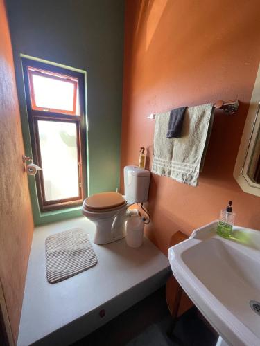 a bathroom with a toilet and a sink and a window at Bokmakierie Studio in Montagu