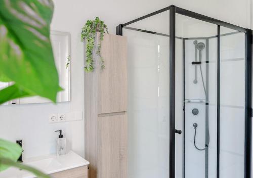 a shower with a glass door in a bathroom at 4-bed Apartment Kitchen Free Parking in Ledeacker