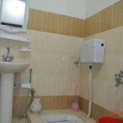 a bathroom with a sink and a toilet and a tv at Hotel Rest Inn in Dargai