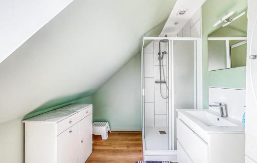 a bathroom with a shower and a sink at Gîte Le Bon Normand in Ã‰tainhus