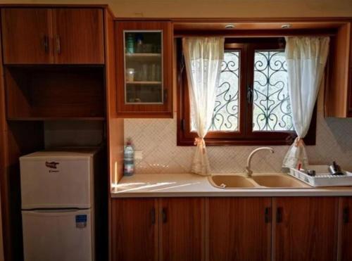a kitchen with a sink and a window and a refrigerator at Villa del Alma in Planos