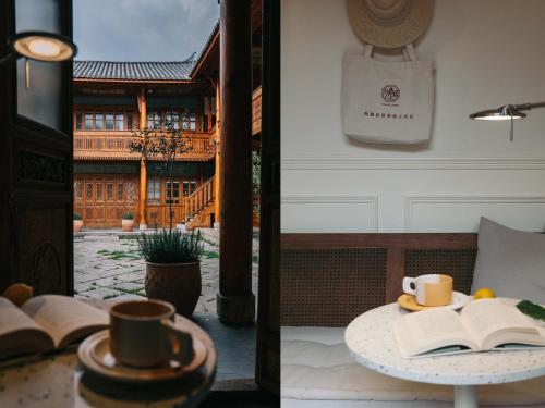 dos fotos de una mesa con un libro y tazas de café en Xianju Bieyuan Guesthouse Hotel, en Dali Shuanglang