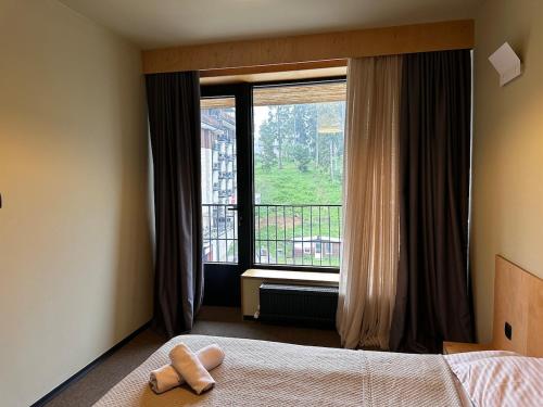 a bedroom with a bed and a large window at The 4th Floor Vista in front of Kokhta in Bakuriani