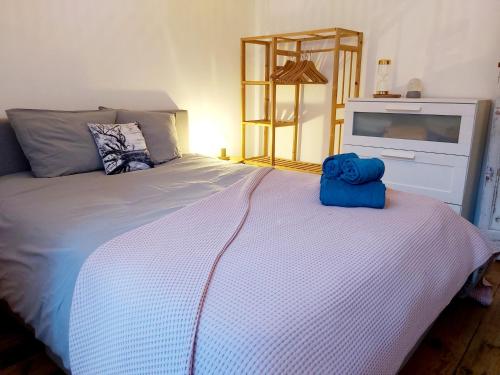 a bed with a blue towel on top of it at Jolie maison Foix in Foix