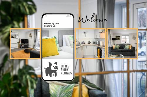 a collage of photos of a living room and a kitchen at Central Balcony Flat Ideal for Long Stays with WiFi and Parking in Bedford