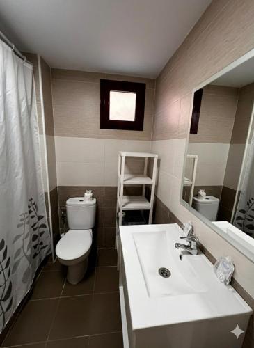 a bathroom with a sink and a toilet and a mirror at Nido de Sabi in Pardinilla