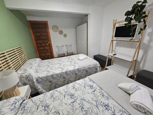 a hotel room with two beds and a television at MEQUEDO LAS CAÑAS Alcañiz in Alcañiz
