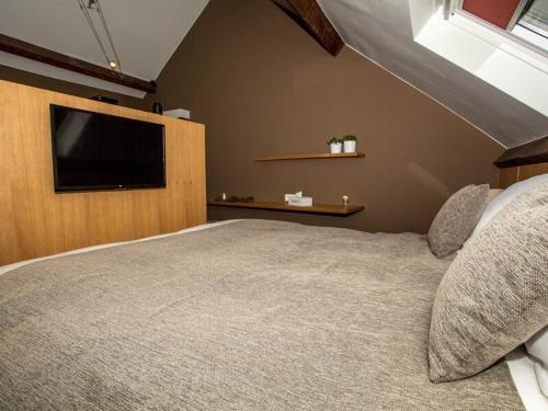 a bedroom with a large bed with a flat screen tv at La maison d'emile in Masnuy-Saint-Jean