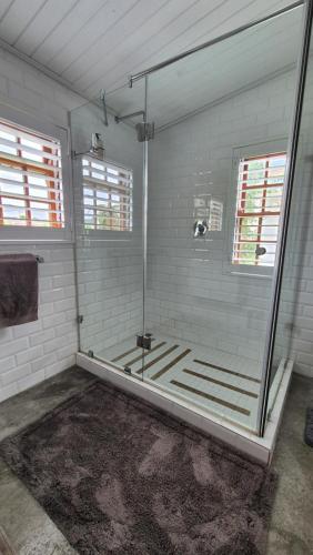 a bathroom with a shower with a glass door at 40 on Longmarket in Stanford