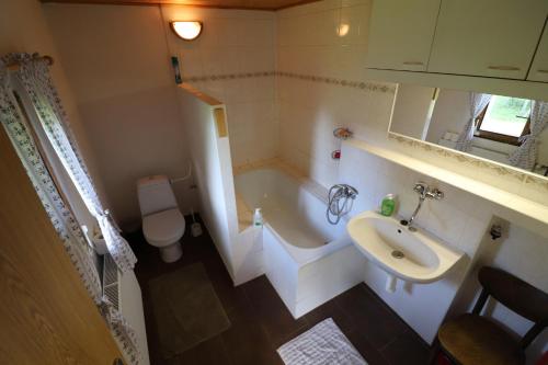 a bathroom with a tub and a sink and a toilet at Chata pod Paluchem in Vsetín