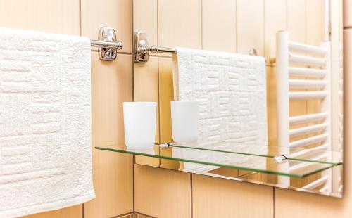 a glass shelf in a bathroom with towels at Apartmani Kastel in Banja Luka