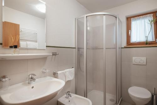 a bathroom with a shower and a sink and a toilet at Ciasa Willy App Sas La Crusc in La Villa