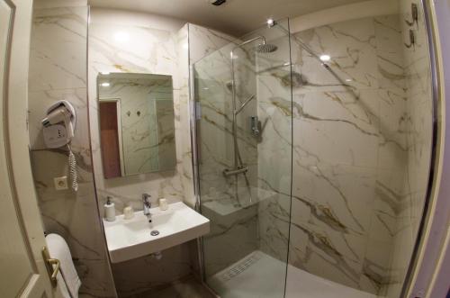 a bathroom with a shower and a sink and a glass shower stall at Les Flots Bleus in Porto Ota
