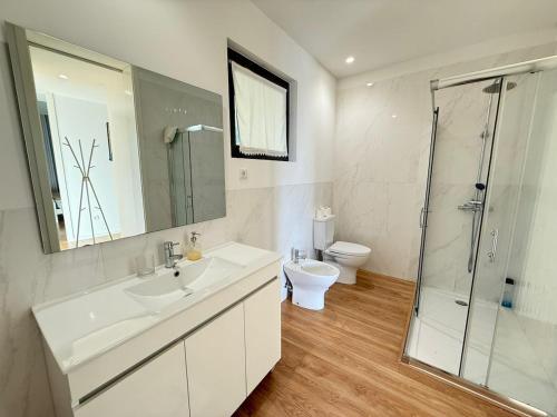 a bathroom with a sink and a shower and a toilet at Villa Teixugueiras 2 - Gerês in Vieira do Minho