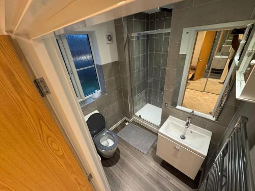 a small bathroom with a toilet and a sink at WBC Modern Ensuite room Wednesbury R3 in Bilston