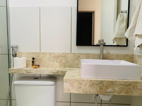 a bathroom with a sink and a toilet and a mirror at Calmo e aconchegante apartamento térreo com quintal in Valparaíso de Goiás