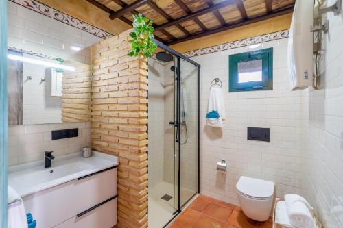 a bathroom with a shower and a toilet and a sink at Casa Rural Carmo in Carmona