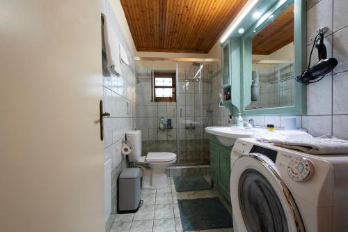 a bathroom with a toilet and a sink and a washing machine at Rodami in Kalentzi