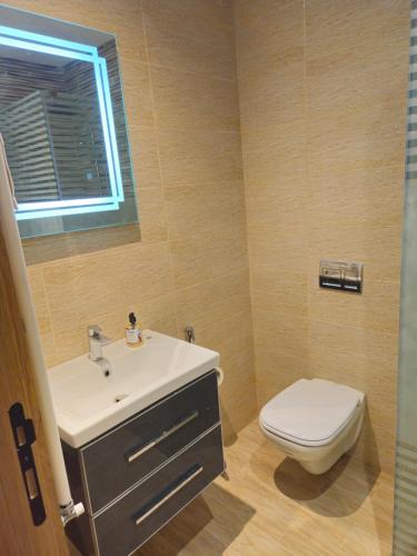 a bathroom with a sink and a toilet and a window at Appartement Cocooning de Sousse in Hammam Sousse