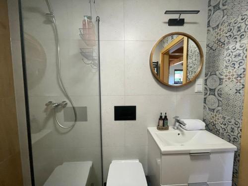 un bagno con doccia, WC e lavandino di Mahoniówka Mikołajki a Wawrowice