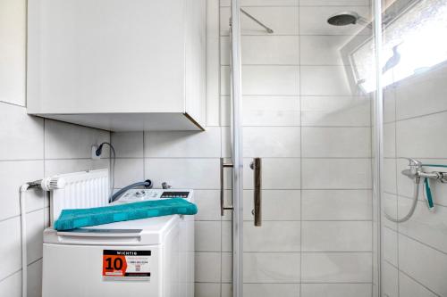 a bathroom with a sink and a shower at Ferienhaus Schleiluft in Kappeln