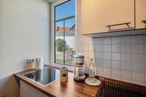 ショッテンにあるBachmanns Ferienwohnungのシンクと窓のあるキッチンカウンター