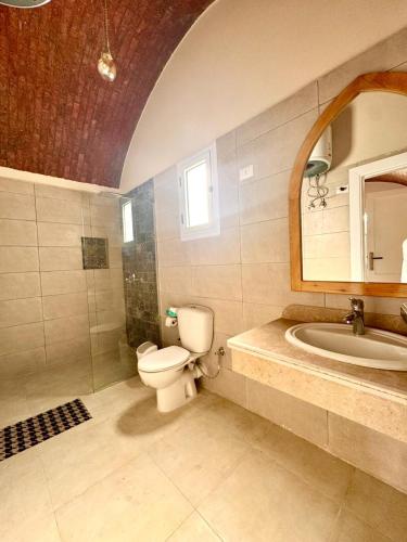 a bathroom with a toilet and a sink and a mirror at Royal Home Dome Style - Top Floor Apartment in Jazīrat al ‘Awwāmīyah