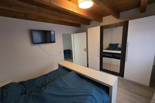 a bedroom with a bed and a mirror at Ferienwohnung Casa Karin mit Sauna in Bodman-Ludwigshafen