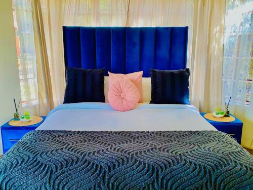 a bedroom with a large bed with a blue headboard at The Qs guest suite in Vosburg