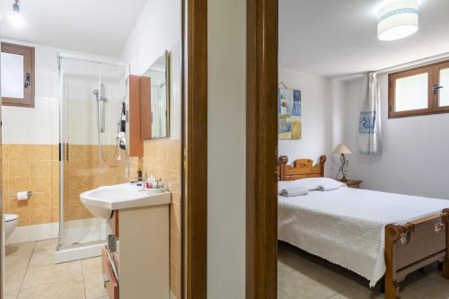 a bedroom with a bed and a shower and a sink at Il Giglio in Cardedu