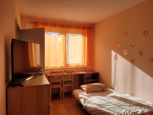 a bedroom with a bed and a tv and a window at Gästezimmer Herzogenrath in Herzogenrath