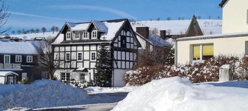una grande casa bianca e nera nella neve di Fachwerkhaus Korntenne a Eimelrod