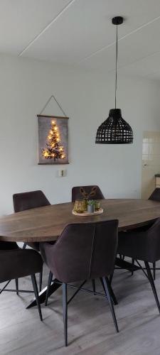 Mooi Drenthe في Wezuperbrug: طاولة طعام مع كراسي و شجرة عيد الميلاد