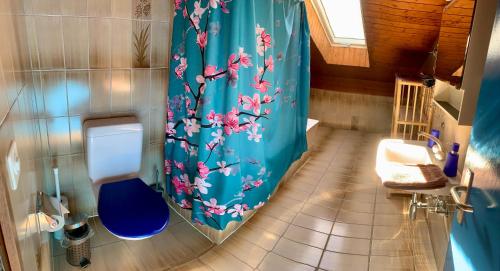 Un baño con una cortina de ducha azul y un inodoro. en Lizard House, en Cevio