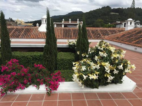 a garden with flowers and trees and a building at San Rafael Hotel in Antigua Guatemala