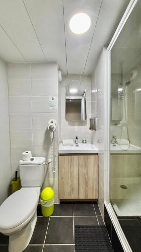 a bathroom with a toilet and a sink and a shower at Temis hôtel Besançon in Besançon