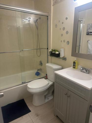 a bathroom with a shower and a toilet and a sink at Hermosas habitaciones in Pembroke Pines