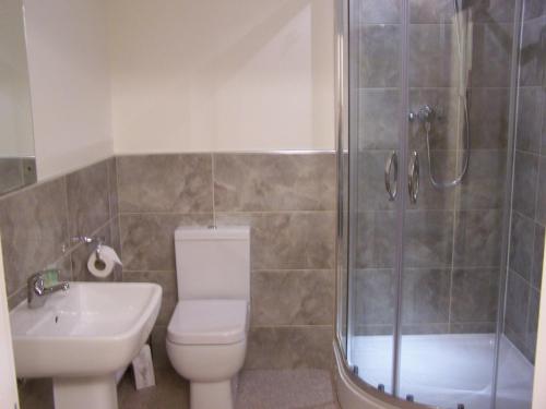 a bathroom with a toilet and a sink and a shower at The White Swan in Market Rasen